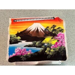 Vintage Hand Painted Japanese Silk Mount Fuji Landscape Signed Textile Art 19x14